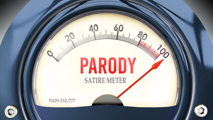Parody and Satire Meter that is hitting a full scale, showing a very high level of parody, overload of it, too much of it. Maximum value, off the charts.  ,3d illustration - obrazy, fototapety, plakaty