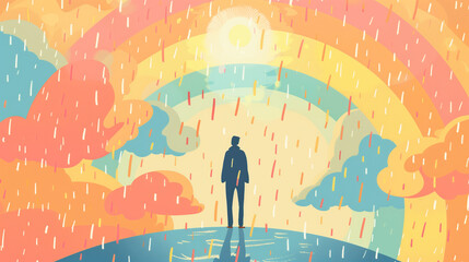 Vector art illustration of a figure under the rays of the sun, rain and rainbow, minimalist design with shades of a sunny day, emphasizing joy and happiness