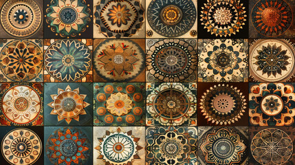 Mandala patterns in earthy tones, arranged in a grid on a square background.