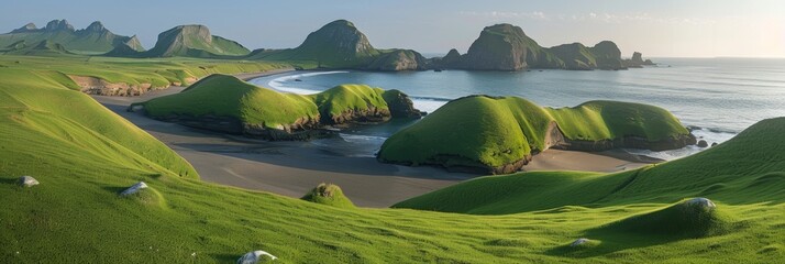 Tranquil island vista with green hills and sandy shores in unique shape, surrounded by sea and isles