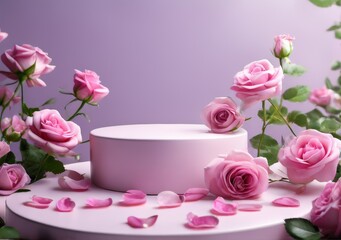 Podium adorned with pink rose petals and flowers