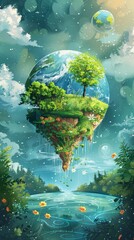 A painting of a planet with a tree on it