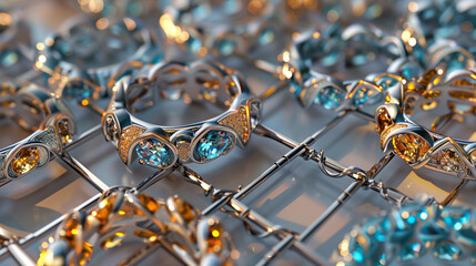 Shimmering aquamarine and citrine rings within an intricate square grid.