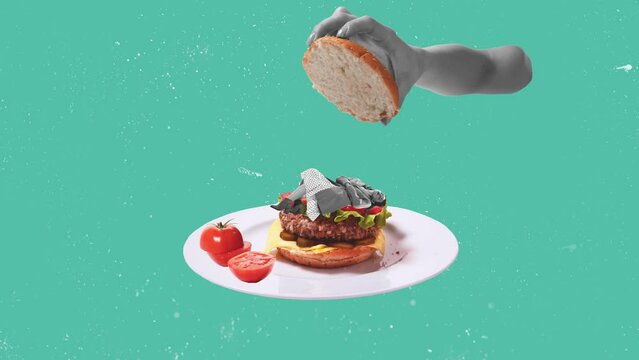 Stop motion, animation. Young girl lying, sleeping on delicious burger on white plate. Junk food dreams. Concept of retro style, creativity, surrealism, imagination. Copy space or ad, poster