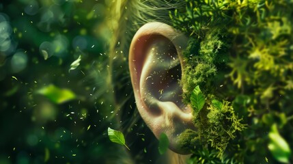 Sustainable nature conservation in agreement with nature concept with human ear listening to the sounds of nature,Cherish and be aware of nature. Save the nature, save the earth.