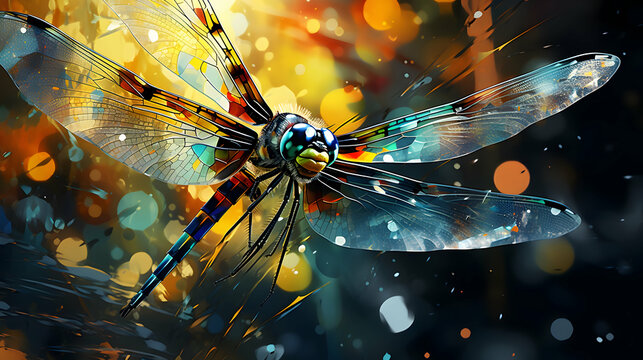 A dragonfly is shown with a lighting blur background