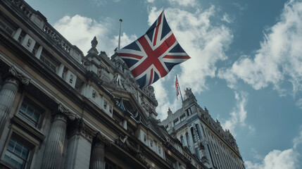 United Kingdom Flag The Union Jack flag unfurled atop a historic building its bold red white and blue design evoking a sense of tradition unity and heritage