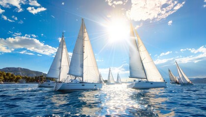 Obraz premium Sailboats peacefully gliding across the vast expanse of the serene and tranquil ocean waters