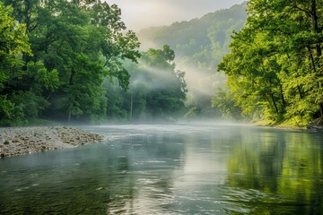 Fototapeta na wymiar Enchanted River Morning: Misty Veil and Lush Greenery