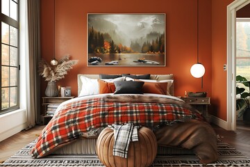 3d illustration. Cozy bedroom in warm colors with painting, a nightstand, a pouf, and a plaid