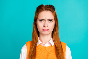 Photo portrait of pretty young girl upset face moody wear trendy orange knitwear outfit isolated on...