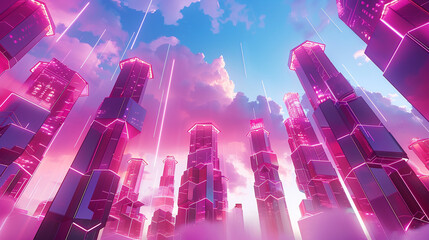 Abstract rendition of a futuristic cityscape, with pink hexagonal skyscrapers towering against a neon-lit sky.