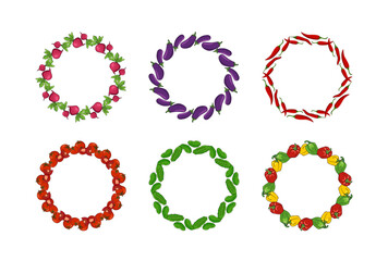 Round Frame of vegetables. Organic farm fresh vegetables labels set. Gardening or farming concept. Design for flyer template, logo, print, packaging, and card. Flat vector illustration.