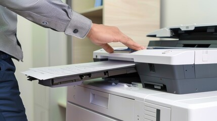 Close up business man doing photocopy document, printer scanner laser in the office photocopier machine