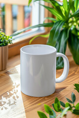A white coffee mug sits on a wooden table next to a potted plant