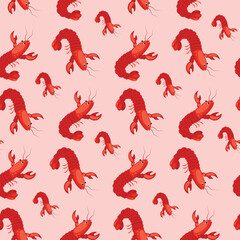 Crawfish pattern seamless marine, great design for any purposes.Sea animal style. Colorful pattern for fabric and paper, invitations, cards. Doodle vector illustration of red lobsters.