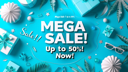 A vibrant turquoise background with bold white text "Mega Sale! Up to 50% off! Shop Now!"
