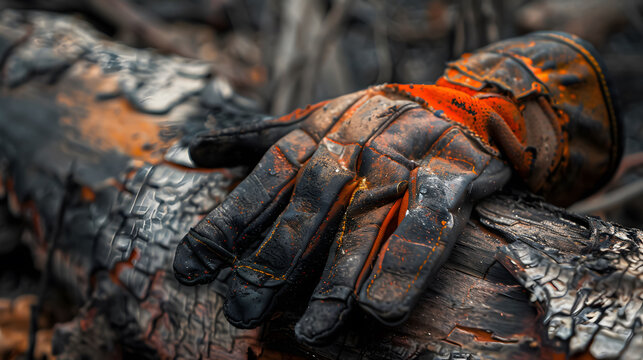 A shallow depth of field image of firefighting gear abandoned amid burnt foliage, the worn-out boots and scorched gloves telling a story of bravery and sacrifice through subtle environmental storytell