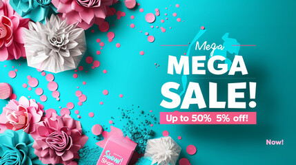A vibrant turquoise background with bold white text "Mega Sale! Up to 50% off! Shop Now!"