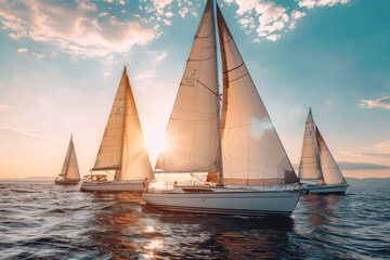 Sailboats gracefully navigating the vast ocean expanse, a serene and picturesque maritime scene