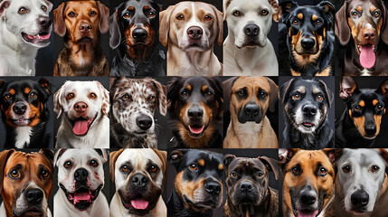 Collage of various dog breeds with different expressions and fur colors. Veterinary service advertisements emphasizing care for all breeds. Concept of animal theme,