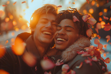  gay flag, couple with lgbtq  colours flying above them in a skyscrape