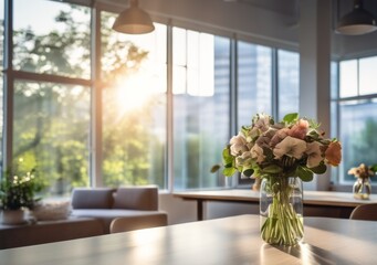 Blurry background with empty table and flowers in vase