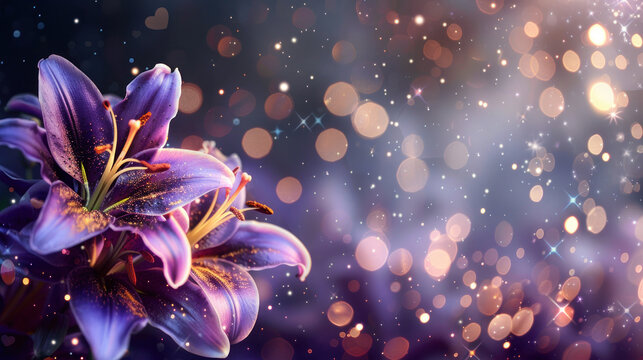 Beautiful purple lily flower on decorative sparkling blur background with copy space as wallpaper illustration, Elegant Purple Glitter Flower	