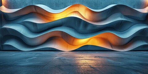 A wall with a wave pattern and orange lights