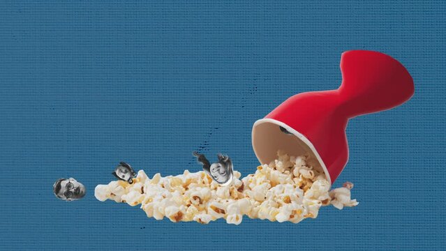 Stop motion, animation. Surreal design with popcorn basket spilling over and human face elements. Movie time. Concept of retro style, creativity, surrealism, imagination. Copy space or ad, poster