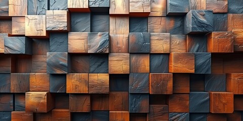 A wall made of wooden blocks with a brown and black color scheme