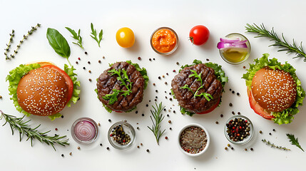 burger ingredients isolated on white background, top view