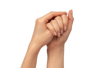 Woman hands  isolated on a white background. Nude nail polish.