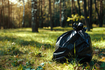Litter in the forest, a single black plastic bag on the grass. concept of environmental pollution and the need for cleaner nature