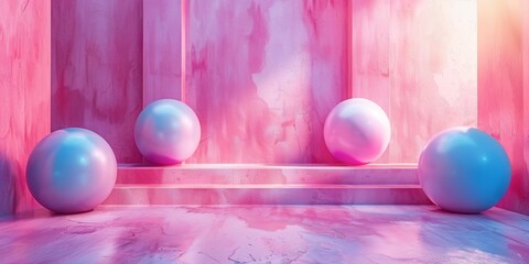 A pink room with four white balls on the floor