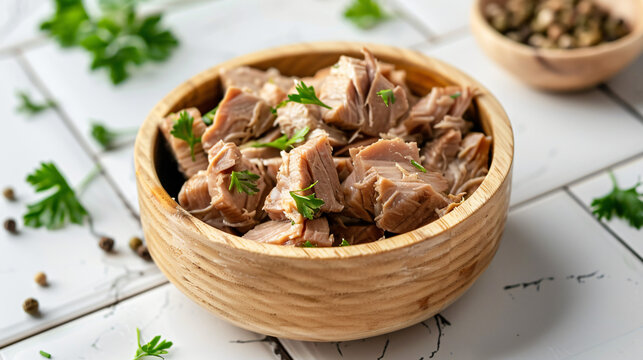 Wooden bowl with delicious canned tuna on white tiled