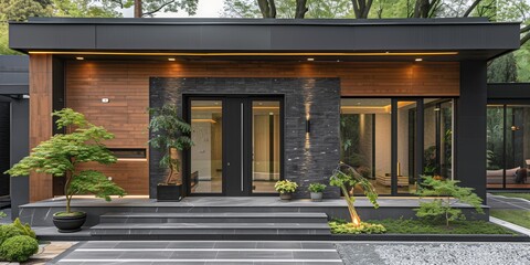 Contemporary Home Entrance Aesthetics, Modern Front Door Design with Dark Grey and Wooden Accents Surrounded by Greenery