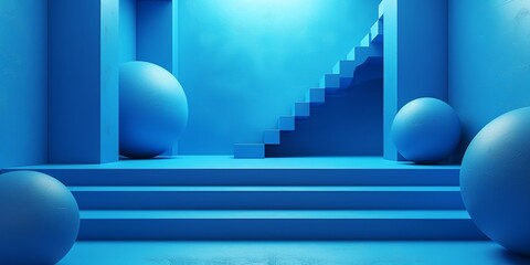 A blue room with a blue staircase and a blue ball