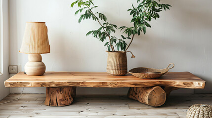 Fototapeta na wymiar Wooden coffee table with houseplant and wicker lamp 