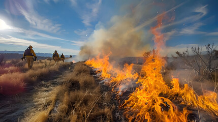 Fototapeta premium A wide-angle scene of a controlled burn operation, with flames expertly contained and managed, showcasing the preventive measures taken to reduce wildfire risks and maintain ecological balance.