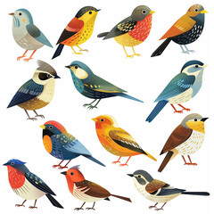 A colorful collection of cartoon birds like parrots, ducks, and owls