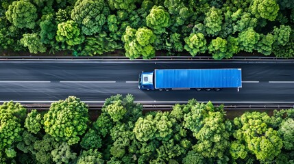Aerial drone view of car and truck driving on highway road, captured from a top perspective - obrazy, fototapety, plakaty
