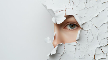 Eye gazing through a cracked white wall, symbolizing curiosity and discovery.
