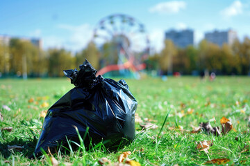 Discarded plastic bag on city park grass, contrasting funfair backdrop. Concept of urban pollution and public space cleanup