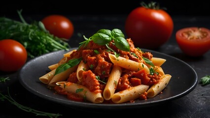 Penne pasta in tomato sauce with meat, tomatoes decorated with pea sprouts on a dark table.generative Ai