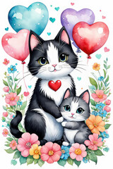 Beautiful cat mother and kitty animals with flowers and heart-shaped balloons.