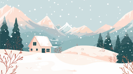 Fototapeta na wymiar White snowy winter landscape with cute country house