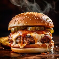 a juicy beef burger served with melted cheese and pickles