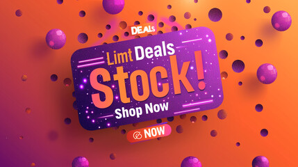 A vibrant tangerine backdrop with shimmering purple text showcasing "Hot Deals - Limited Stock!" and "Shop Now" in attention-grabbing bold font.