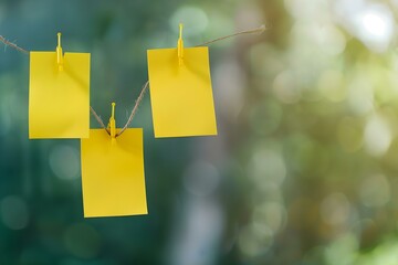 Yellow sticky notes pinned to a background. Concept DIY home office, workspace organization, sticky notes ideas, office decor, productivity tips